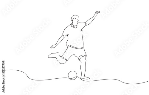 Continuous one line drawing of football player in action pose isolated on transparent background.