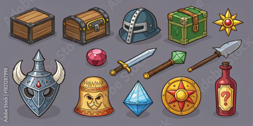 "RPG fantasy game icons. Weapons, armor, helmets, potions, spell books, mana crystals, treasure maps, battle icons. Detailed cartoon vector, vibrant fantasy style for mobile games and UI packs."