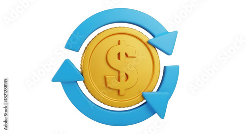 Dollar coin in blue rotating arrows, finance flow isolated on transparent background