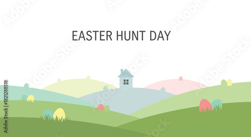 Whimsical easter egg hunt scene with a small house on a hilltop and pastel colored rolling hills