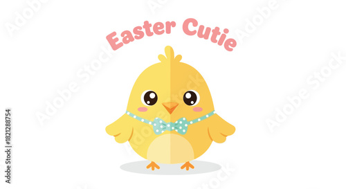 Adorable cartoon easter chick wearing a light blue polka dot bow tie and pink blush on its cheeks