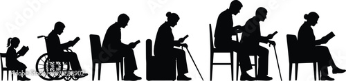 Inclusive reading silhouette set, all ages and abilities, black on white, book posture, wheelchair, cane, child to elderly