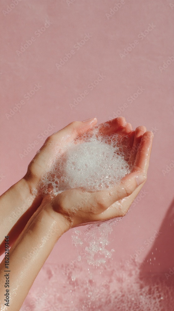 Fototapeta premium Soft bubbles rest gently in outstretched hands, creating a serene contrast against a smooth pastel pink backdrop. This scene captures a moment of fun and tranquility