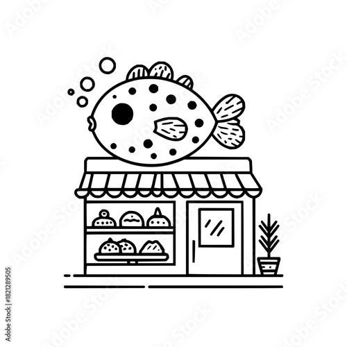 A whimsical illustration of a spotted fish floating above a bakery shop with baked goods inside it