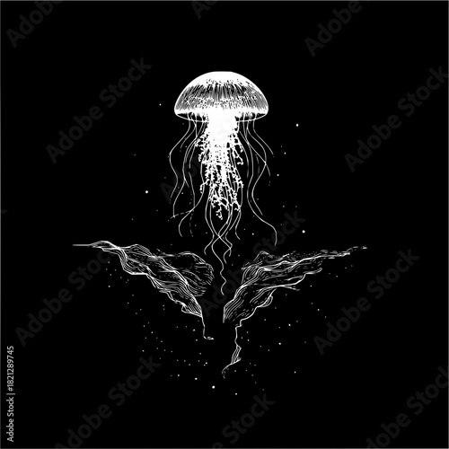 Illustration of a jellyfish floating above abstract shapes in a dark monochrome background scene
