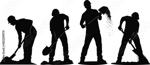 Shoveling action silhouette set, manual labor poses, black on white, digging gesture, material movement, construction icon, physical effort