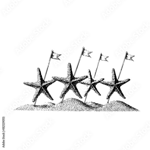 Four starfish on a sandy hill each holding a flag on a pole in a black and white stippled drawing