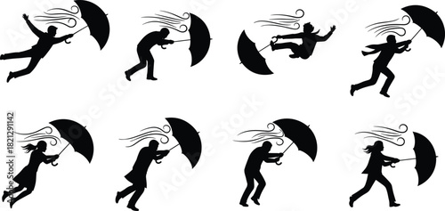 Windy umbrella silhouette set, storm reaction poses, black on white, weather icon, motion resistance, dynamic gesture, outdoor struggle