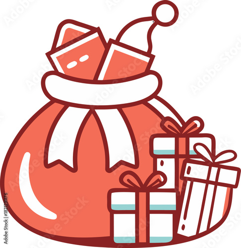 Santa’s bag spilling over with wrapped presents vector line art icon black and white white background