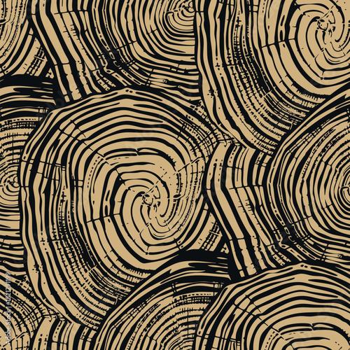 Vector seamless pattern with tree rings and wood grain. Abstract organic texture with circular woodcut shapes, natural timber cross-sections. Black and gold background. Repeated design for prints