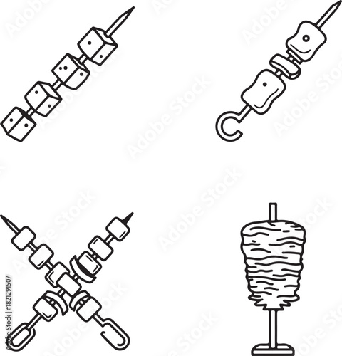 Skewer Variety Monochrome Illustration of Meat and Vegetables on Skewers