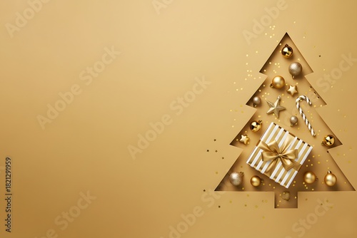 A  gold backdrop hosts a gold Christmas tree cutout, gold gift box with bow, ornaments and scattered stars creating a joyful 'Christmas and New Year' holiday mood.
