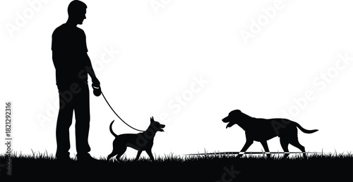 Dog walking silhouette scene, person with leash, approaching dog, black on white, grass detail, pet interaction, outdoor moment