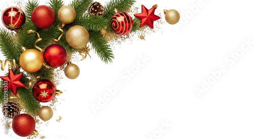 Christmas tree ornaments and pine needles isolated on transparent background
