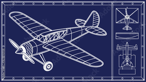 Retro Airplane Design and Perspective Plan on Blue Drafting Paper