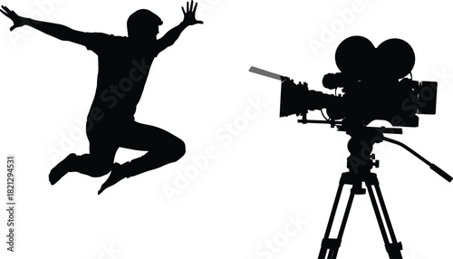 Jumping figure and film camera silhouette, black on white, action pose, media production icon, dynamic gesture, filmmaking theme
