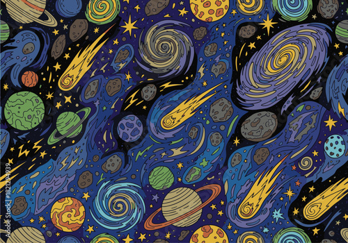 A vibrant and whimsical seamless pattern featuring a colorful, stylized depiction of outer space with planets, stars, and comets