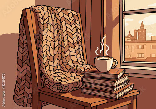 Cozy Autumn Scene A Knitted Blanket, Books, and Coffee by the Window