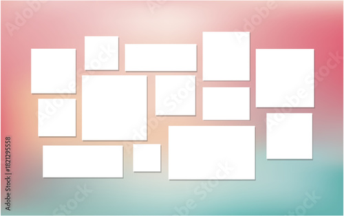 Wide, horizontal photo collage. Geometric grid for arranging numerous images in a mood board, photo gallery. Decorative vector template frame. 