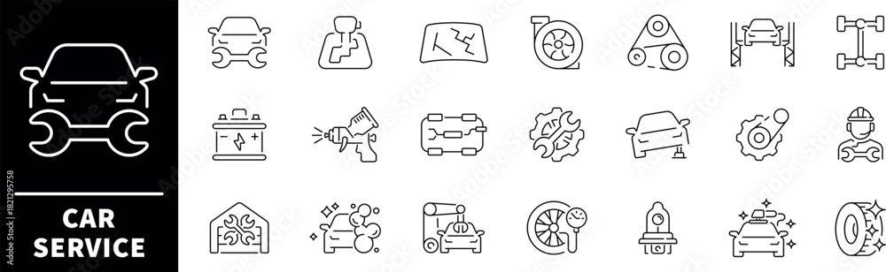 Obraz premium Car service vector icons. Auto service, car repair icon set. Car service and garage. Car service, garage, repair, station, vehicle, service related thin line icon collection. Editable stroke