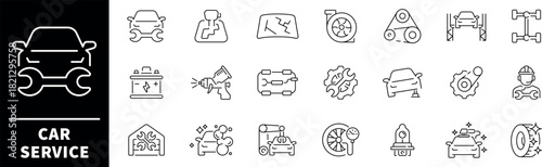 Car service vector icons. Auto service, car repair icon set. Car service and garage. Car service, garage, repair, station, vehicle, service related thin line icon collection. Editable stroke