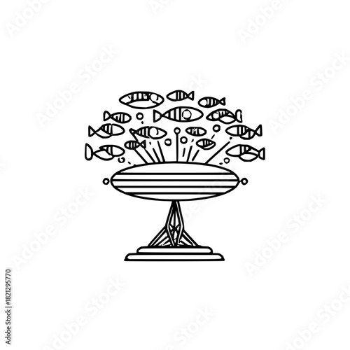 Outline drawing of a table with striped top and fish decorations and pins sticking out of the top