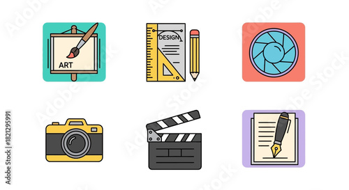Collection of creative icons representing design, art, and media industries isolated