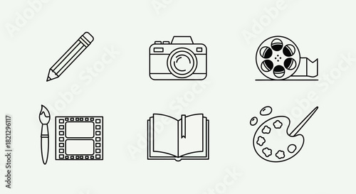 Creative tools illustration set, depicting art, photography, film, literature and drawing