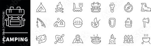 Camping vector icons. Camping line icons. Outdoor, tools, adventure, trekking, nature, landscape, forest, mountain, travel, camping related icons