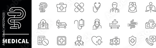 Medicine and Health icons. Collection health care medical signs and symbols. Medical, medicine, health care, hospital thin line icon collection. Editable stroke