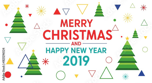 Festive Merry Christmas and Happy New Year 2019 greeting card with holiday trees