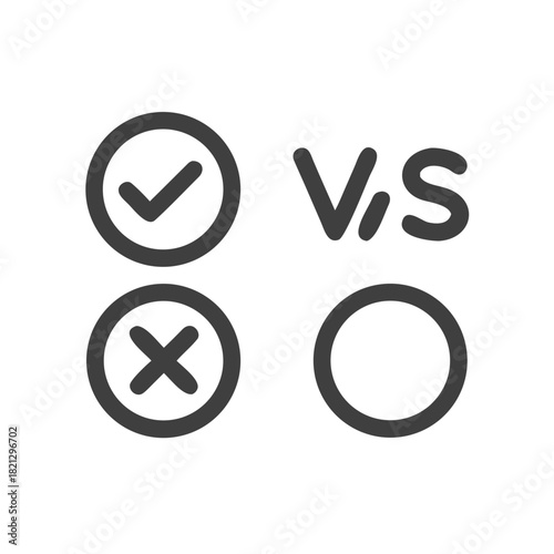 Minimalist icons for comparison with checkmark and cross symbols, black and white colors, 
