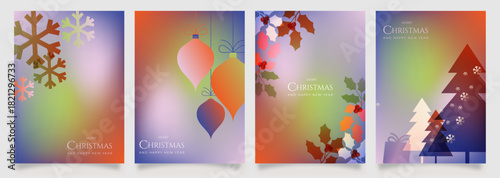 merry christmas and happy new year Christmas cards feat snowflakes, ornaments, holly, and stylized trees, creating a festive, modern holiday mood suitable for seasonal greetings or event promotions.