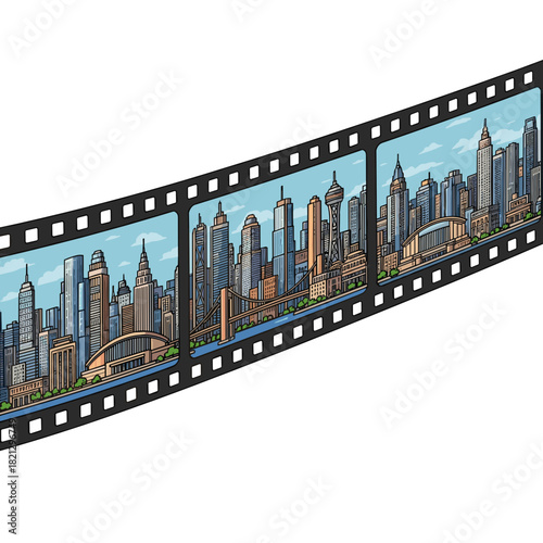 Film festival city skyline depicted in filmstrip style  