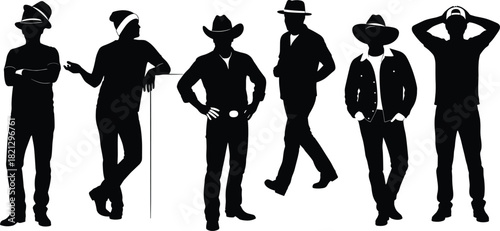Standing figure silhouette set, diverse outfits and postures, black on white, cowboy hats, cane, fedora, expressive gesture, cultural style