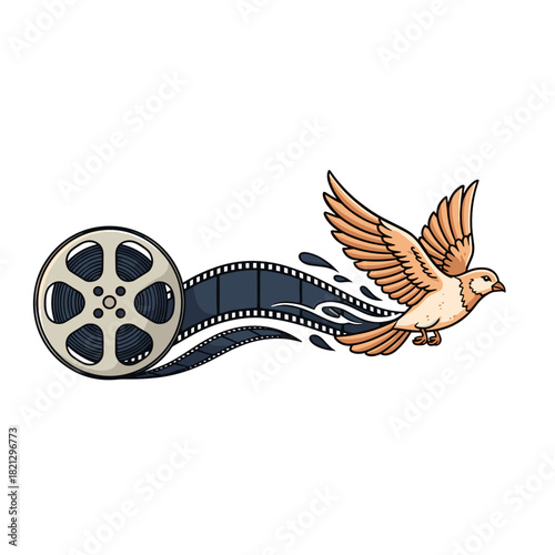 Film reel transforming into a bird flying representing Film Festival  