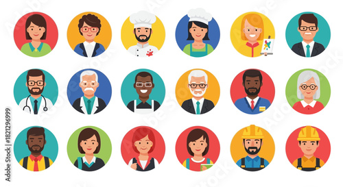 Diverse Professions Avatar Icons Set: Doctor, Chef, Teacher, Builder, and More