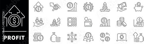 Profit vector icons. Income, profit Icon Set. Income, earnings, finance, money, investment, profit related thin line icon collection. Editable stroke
