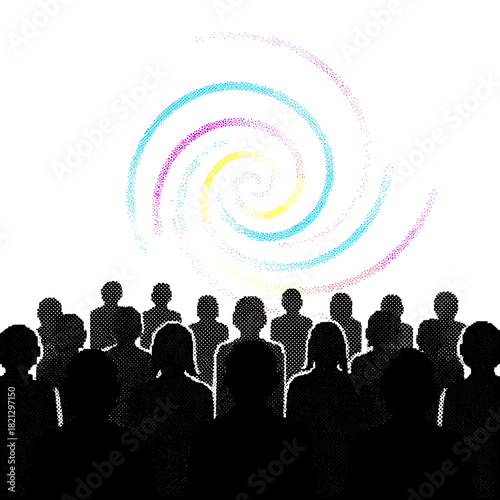 Silhouetted audience captivated by colorful swirling light at Film Festival  