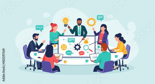 Diverse team collaborating on strategic planning with brainstorming ideas and solutions