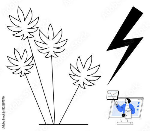 Cannabis concept. Cannabis leaves illustrated alongside a lightning bolt and a person using technology. Cannabis associated with natural elements, innovation, and modern lifestyle. For health