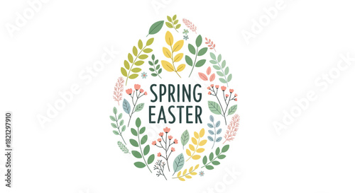 Easter egg shape decorated with delicate spring flowers and leaves with the words spring easter in the center