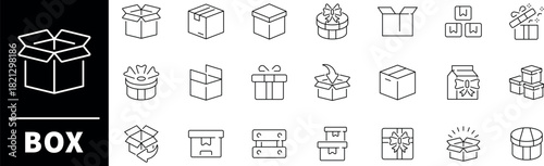 Box wrapped for gift vector outline icon set. Present and surprise packaging icons