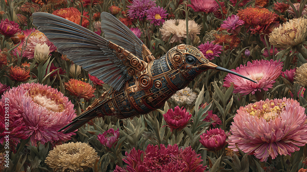 Obraz premium A hummingbird gracefully hovering among a vibrant array of colorful flowers, with its wings spread in mid-flight