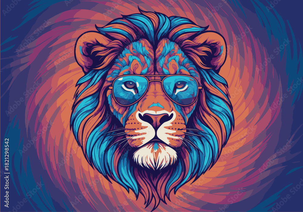 Obraz premium Colorful Lion Portrait with Glasses on Abstract Background