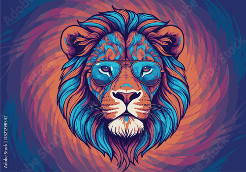 Colorful Lion Portrait with Glasses on Abstract Background