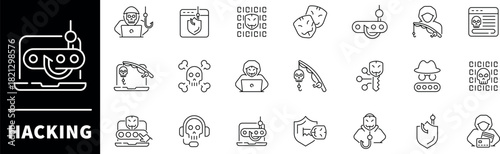 Hacker attack icons. Hacker line icon set. Cyber, attack, software, virus, scam, hacker, fraud, hacker attack related icons. Editable stroke, thin line icons set