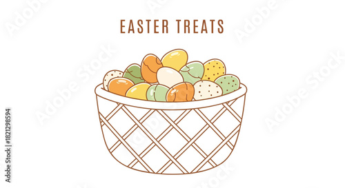 A charming illustration of a woven basket overflowing with colorful pastel easter eggs and the words easter treats above