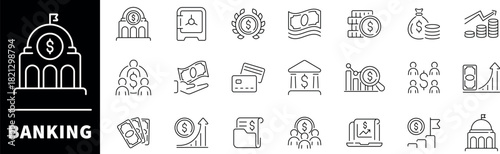 Banking vector icons. Banking icon set. Finance, money, bank, financial, investment, banking related icons. Thin line icons, editable stroke