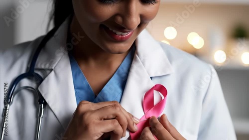 A smiling doctor in a white coat holding a pink ribbon, symbolizing breast cancer awareness and support.
